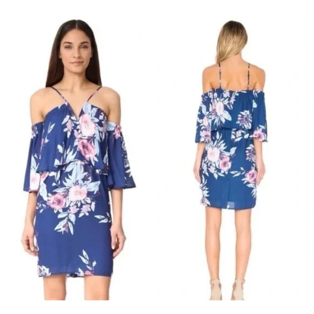 NWT Anthro YUMI KIM Size L Celine Mini Dress Women's Blue Floral Cold Shoulder